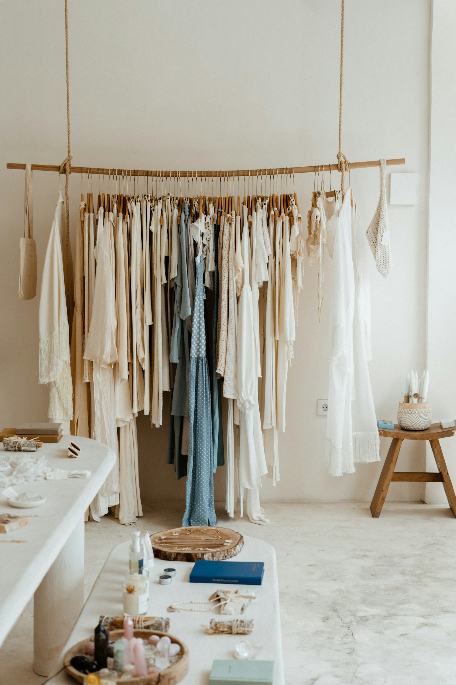 Apparel assortment displayed on a boutique rack